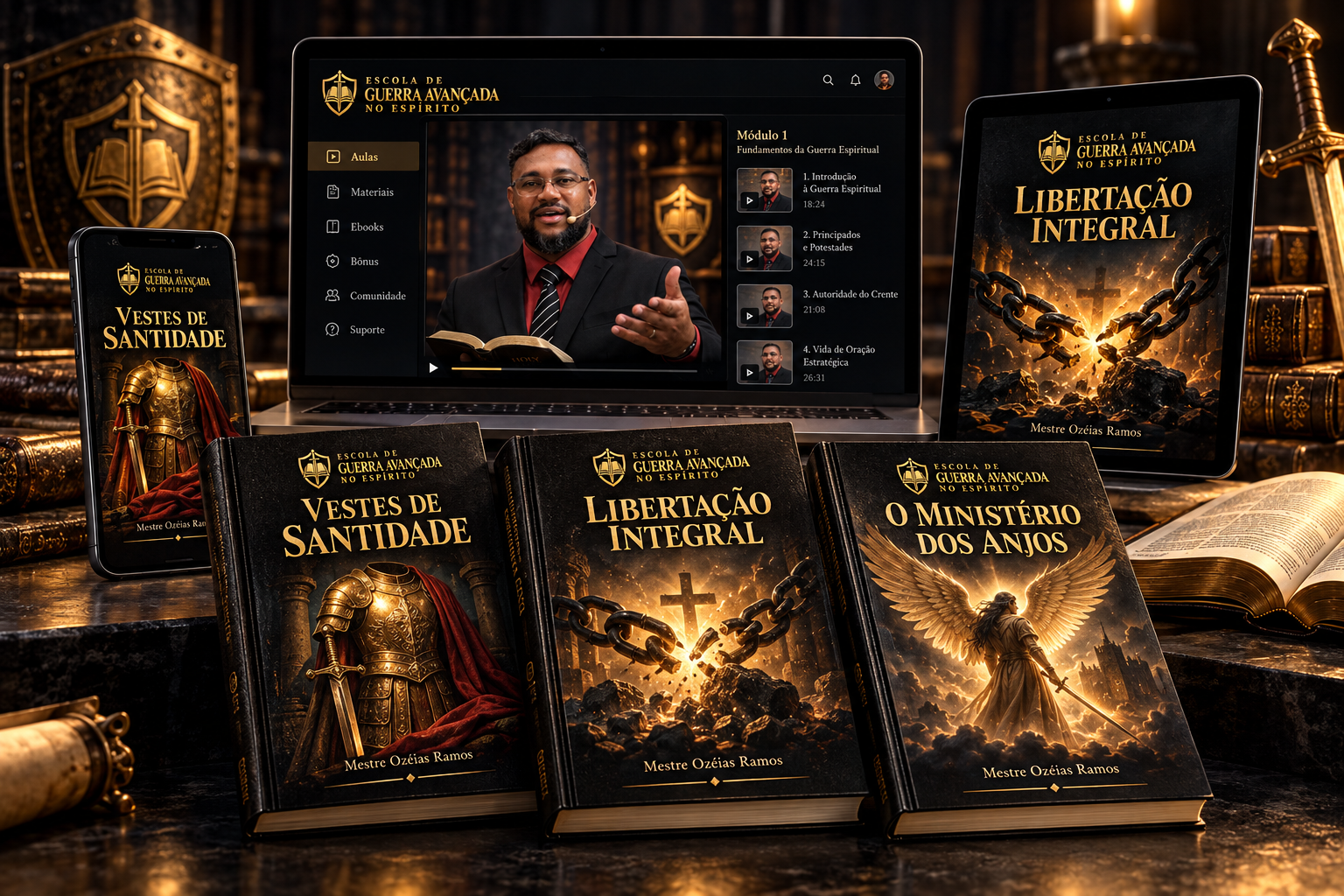 Mockups realistas de notebook, tablet e celular com a escola, e e-books Vestes de Santidade, Libertação Integral e O Ministério dos Anjos em preto e dourado